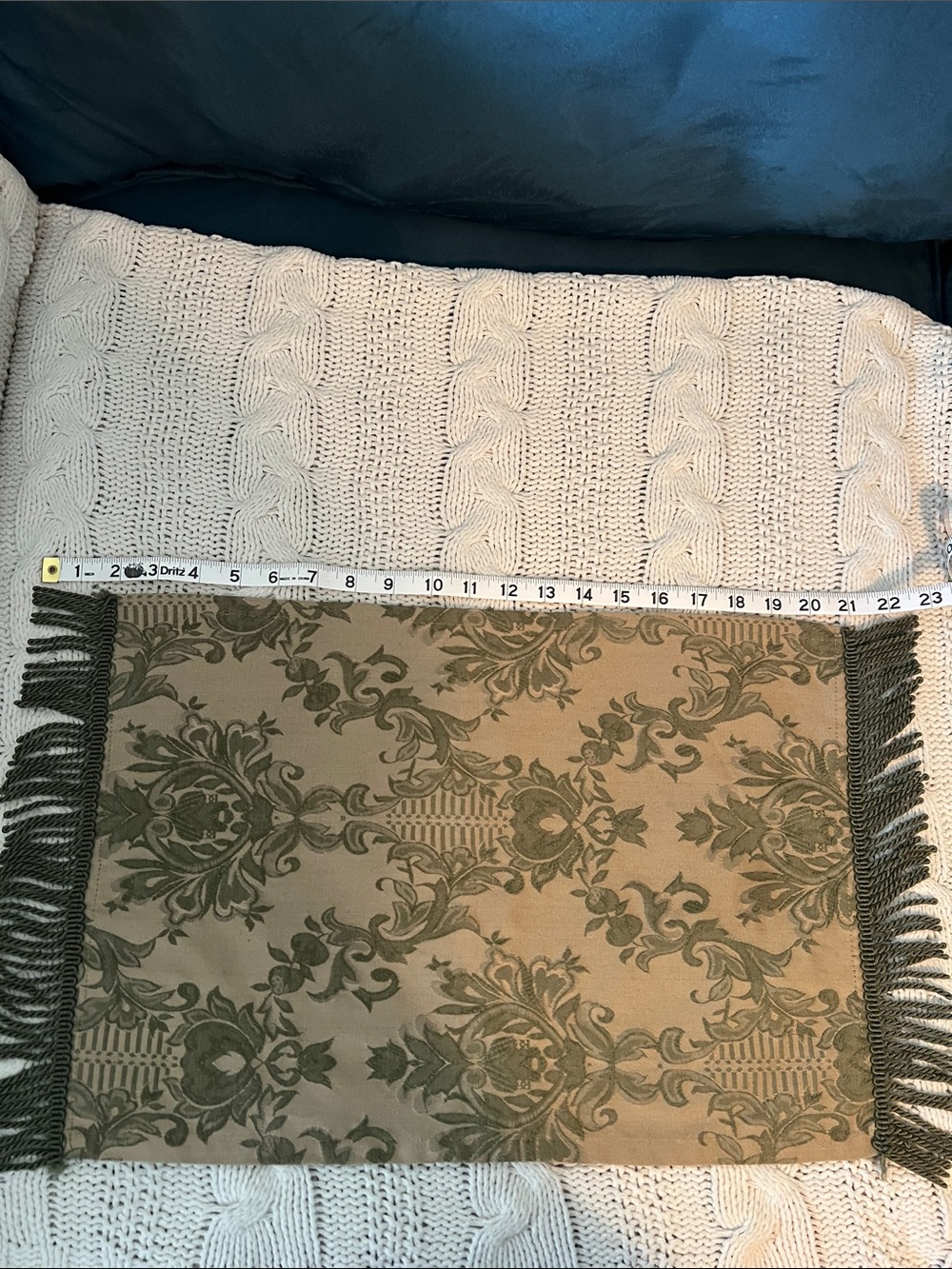 Pier 1 Olive Green Damask Fringe set of 6  Placemats and Napkins